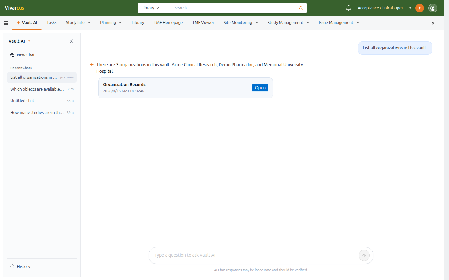 Asking 'List all organizations in this vault.' — Vault AI answers with three organizations and an Organization Records card
