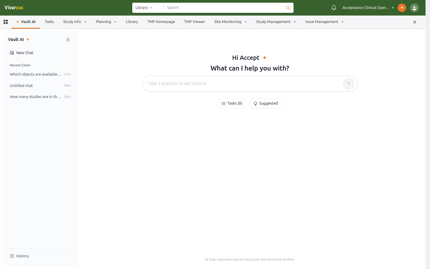 Vault AI tab: sidebar with New Chat and Recent Chats, question input in the center