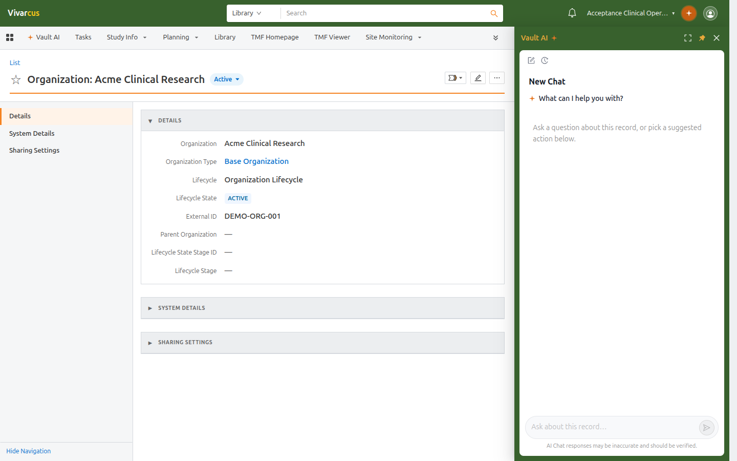 Vault AI chat panel docked on the right side of the page, next to the Acme Clinical Research record details