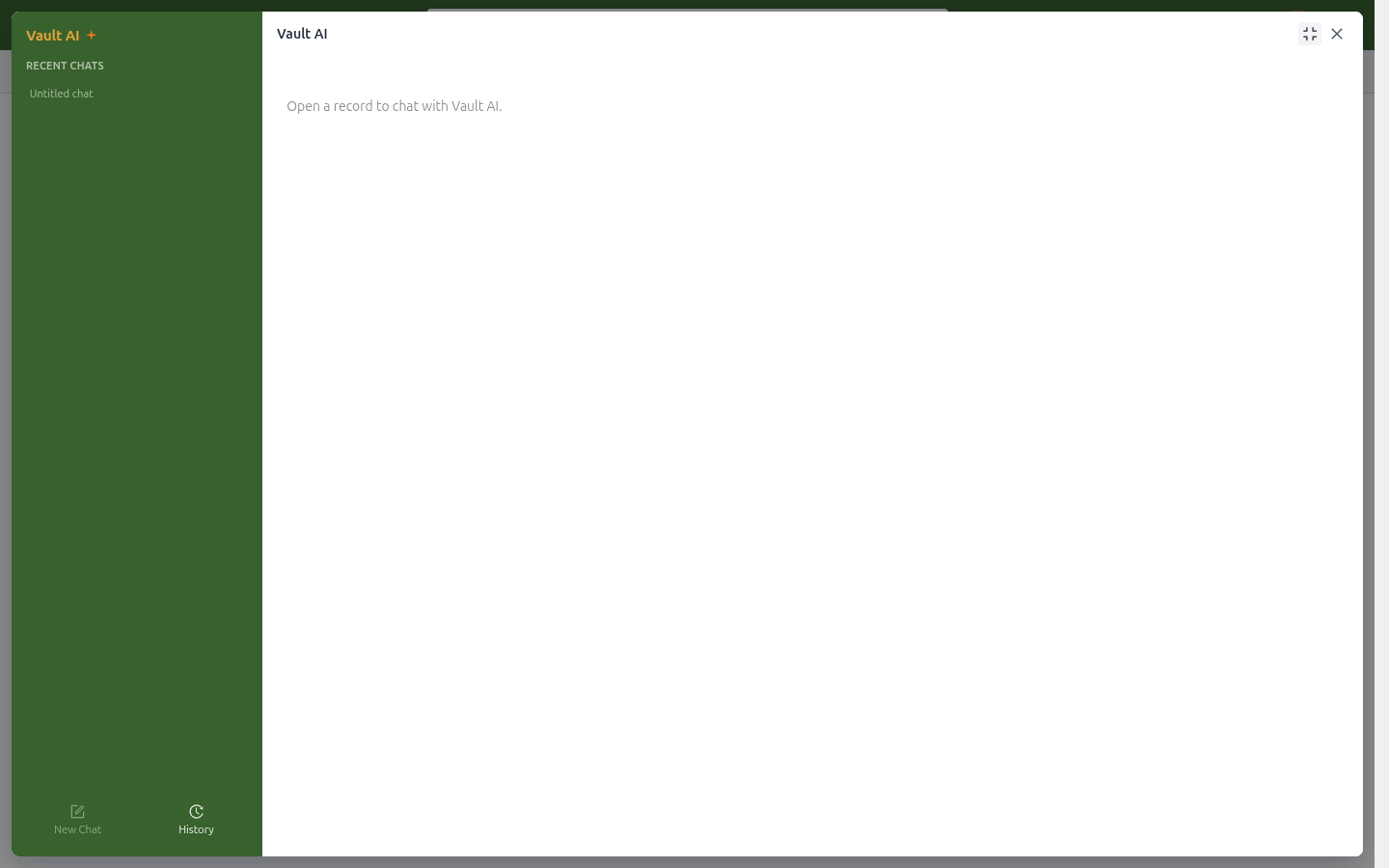 Vault AI chat panel without a record open, prompting to open a record