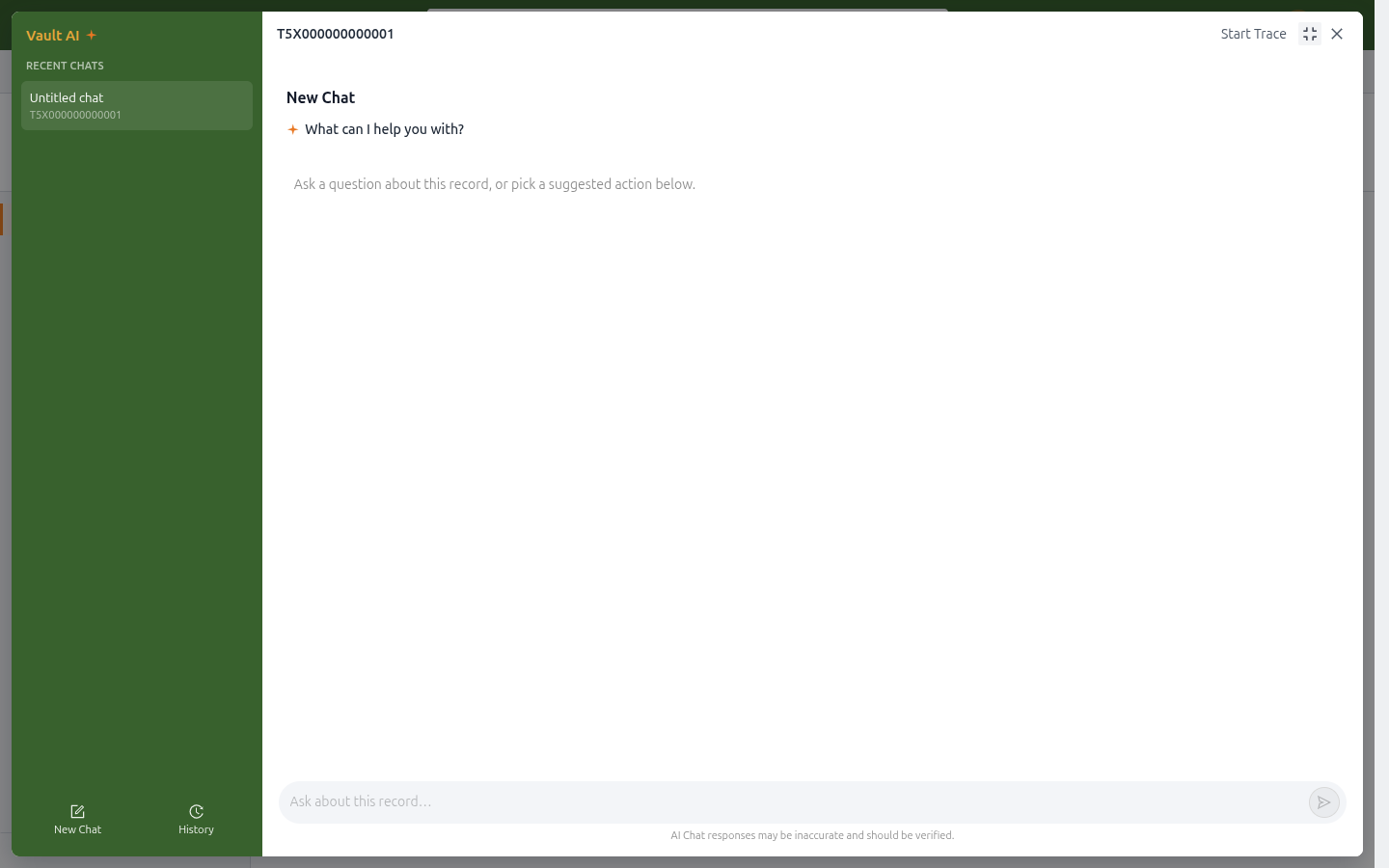Vault AI chat panel opened on an organization record, with an Ask about this record input